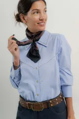 Camisa rosa pálido de algodón con cuello tipo masculino, abotonadura central, manga larga y puños con botones. Presenta canesú y cuello bordado con cadeneta a contratono.