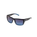Lentes de sol MDQ modelo Zephir, con montura rectangular negra y lentes degradadas de azul a transparente. Patillas negras con detalle celeste.