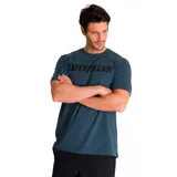 Remera gris jaspeado de manga corta con cuello redondo y logo de Caterpillar estampado en el pecho.