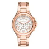 Reloj de acero inoxidable en tono oro rosa, con diseño extragrande de 43 mm y números romanos en la esfera, con movimiento de cronógrafo.
