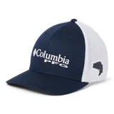 Gorro de béisbol Columbia PFG Mesh Ball Cap, con frente azul marino, parte trasera de malla blanca y logo de Columbia PFG bordado en blanco.