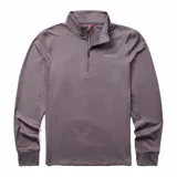 Buzo gris de poliéster reciclado y spandex, con cuello alto y cierre de cremallera hasta el pecho. Tiene mangas largas con orificios para los pulgares y logo de la marca en el pecho.
