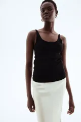 Musculosa negra de punto acanalado, corte entallado, con escote redondo tanto en la parte delantera como en la trasera.