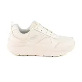 Championes Skechers D'Lux Walker color beige, con cordones, capellada de cuero y material sintético, plantilla Air Cooled Memory Foam y entresuela Skech-Foam.