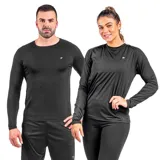 Remera térmica negra de manga larga, unisex, ideal para actividades deportivas.
