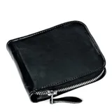 Billetera negra de cuero con cierre perimetral, compartimentos internos para tarjetas, billetes y monedas.