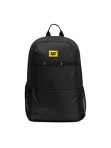 Mochila unisex Caterpillar modelo Liam Backpack, color negro. Presenta un compartimento principal con cierre, un bolsillo frontal de fácil acceso con cierre, y dos bolsillos laterales de malla. Incluye presillas frontales para fijar accesorios y correas ajustables de malla transpirable para los hombros.