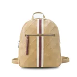 Mochila color beige con diseño capitoneado, bolsillo frontal con cierre, asa de mano y correas regulables.