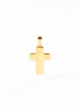 Dije chico de cruz clásica con terminación pulida, color dorado.