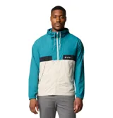 Cortaviento Columbia Spire Valley Hooded para hombre, color azul con bloques de color beige y negro. Confeccionado en nylon resistente al agua y a las manchas, con capucha ajustable, bolsillos con cremallera y puños elásticos.