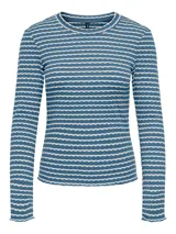 Remera de manga larga azul con rayas horizontales blancas, cuello redondo y corte ajustado.