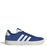 Championes de cuero suave color azul con tres rayas blancas, diseño versátil y cómodo.