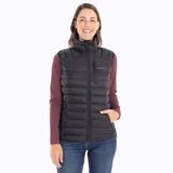 Chaleco negro con cierre frontal, cuello alto y bolsillos laterales con cierre. Logo de la marca Merrell bordado en el pecho. Diseño acolchado.