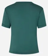 Blusa de viscosa color verde, con cuello redondo y manga corta con detalle plegado.