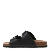 Sandalia plateada con dos tiras anchas con hebillas ajustables, plantilla de corcho y suela de goma.