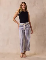 Pantalón ancho de lino a rayas verticales en tonos azul, beige y blanco. Incluye cinturón de soga con hebilla redonda.