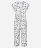 Conjunto de pijama femenino de dos piezas: blusa de mangas cortas y pantalón capri, ambos con estampa floral y detalle de satén.