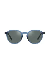 Lentes de sol redondos con armazón de acetato biodegradable color celeste y lentes grises fabricados con PMMA reciclado.