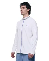 Buzo blanco de manga larga con cuello redondo y vivo azul que recorre el frente. Logo Temblad estampado en el pecho.