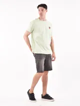 Remera verde claro de corte recto y mangas cortas, con estampado pequeño de palmeras y sol en el pecho.