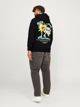 Hoodie negro de manga larga, corte amplio plus size, con capucha, bolsillo canguro y estampa en la espalda con el texto "Sun Moon".