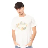 Remera blanca de algodón con estampado floral en el frente y logo de la marca Rusty.