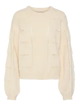 Sweater de punto color crema, con cuello redondo y mangas largas abullonadas.