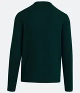 Suéter gris oscuro de viscosa con textura acanalada vertical, cuello redondo y mangas largas con puños ajustados.