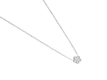 Collar de cadena fina de acero plateado con un dije central en forma de flor de cinco pétalos, engastado con circonias brillantes.