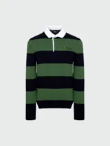Buzo de punto a rayas horizontales verdes y azul marino, con cuello polo blanco y cierre parcial con botones. Logo 'BOSS' bordado en verde en el pecho. Corte clásico.
