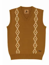Chaleco tejido color marrón con cuello en V y patrón geométrico en blanco.
