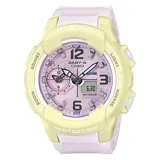 Reloj Casio Baby-G con caja color crema, dial rosa con números arábigos y agujas luminiscentes, y correa de resina rosa.