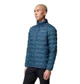 Campera puffer para hombre marca Columbia, modelo Delta Ridge II Down en color azul. Presenta tecnología Omni-Heat™ con forro termorreflectante, construcción HeatSeal™ sin costuras con diseño acolchado geométrico y tejido repelente al agua Omni-Shield™. Cuenta con aislamiento de plumón de 650 hilos, cierre frontal completo, cuello alto con protección de barbilla y bolsillos laterales con cremallera.