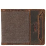 Billetera hecha a mano con cuero natural y canvas engrasado, cuenta con 8 ranuras para tarjetas y tarjetero extraíble.