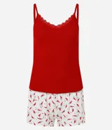 Conjunto de pijama Short Doll compuesto por una blusa de rib con breteles finos ajustables y encaje en el escote, y un short de viscolycra con cintura elástica y estampado de mini pimientos.