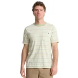 Remera de manga corta con cuello redondo y bolsillo en el pecho. Diseño a rayas horizontales en tonos verde, beige y blanco con patrón geométrico.