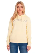 Buzo con capucha color salmón, con logo de Caterpillar estampado en blanco en el pecho y bolsillo tipo canguro.