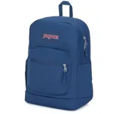 Mochila Jansport azul marino con un compartimento principal, bolsillo frontal con cierre, bolsillo lateral de malla para botella de agua y funda interna acolchada para laptop de 15 pulgadas.