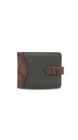 Billetera rectangular de tela canvas color gris con detalles en símil cuero color marrón. Cuenta con presilla de cierre, doble compartimento para billetes, tarjeteros y visor.