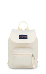 Mochila JanSport Highlands Mini color crema con logo en azul marino y bolsillo frontal con cierre. Cuenta con asa de mano y correas ajustables para los hombros.