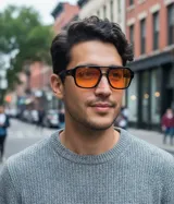 Lentes de sol de aviador oversize con montura negra y lentes color naranja. Protección UV400.