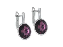 Caravanas tipo aro colgante de Plata 925 con cristal de Swarovski en forma redonda y color violeta.