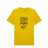 Remera amarilla de hombre con estampado gráfico en la parte delantera, de corte clásico y cuello redondo.