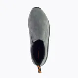Mocasines grises de gamuza con suela de goma negra y detalles en naranja.