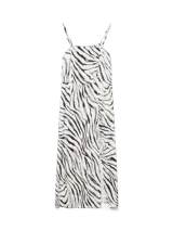 Vestido midi con estampado de cebra en blanco y negro, tirantes finos ajustables y escote cuadrado.