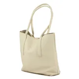 Cartera tipo tote color beige con doble asa de hombro y sobre desmontable con cierre.
