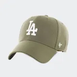 Gorra de béisbol color verde oliva con logo de los Dodgers bordado en blanco al frente y logo de la marca 47 bordado en blanco en el lateral.