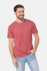 Remera celeste de manga corta con cuello redondo y bordado pequeño en el pecho. Corte clásico.