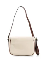 Cartera bandolera de cuero color marrón con textura tipo cocodrilo, cierre con hebilla y broche a presión, bolsillo interno con cierre y logo metálico de la marca.