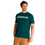 Remera gris jaspeado de manga corta con cuello redondo y logo de Caterpillar estampado en el pecho.